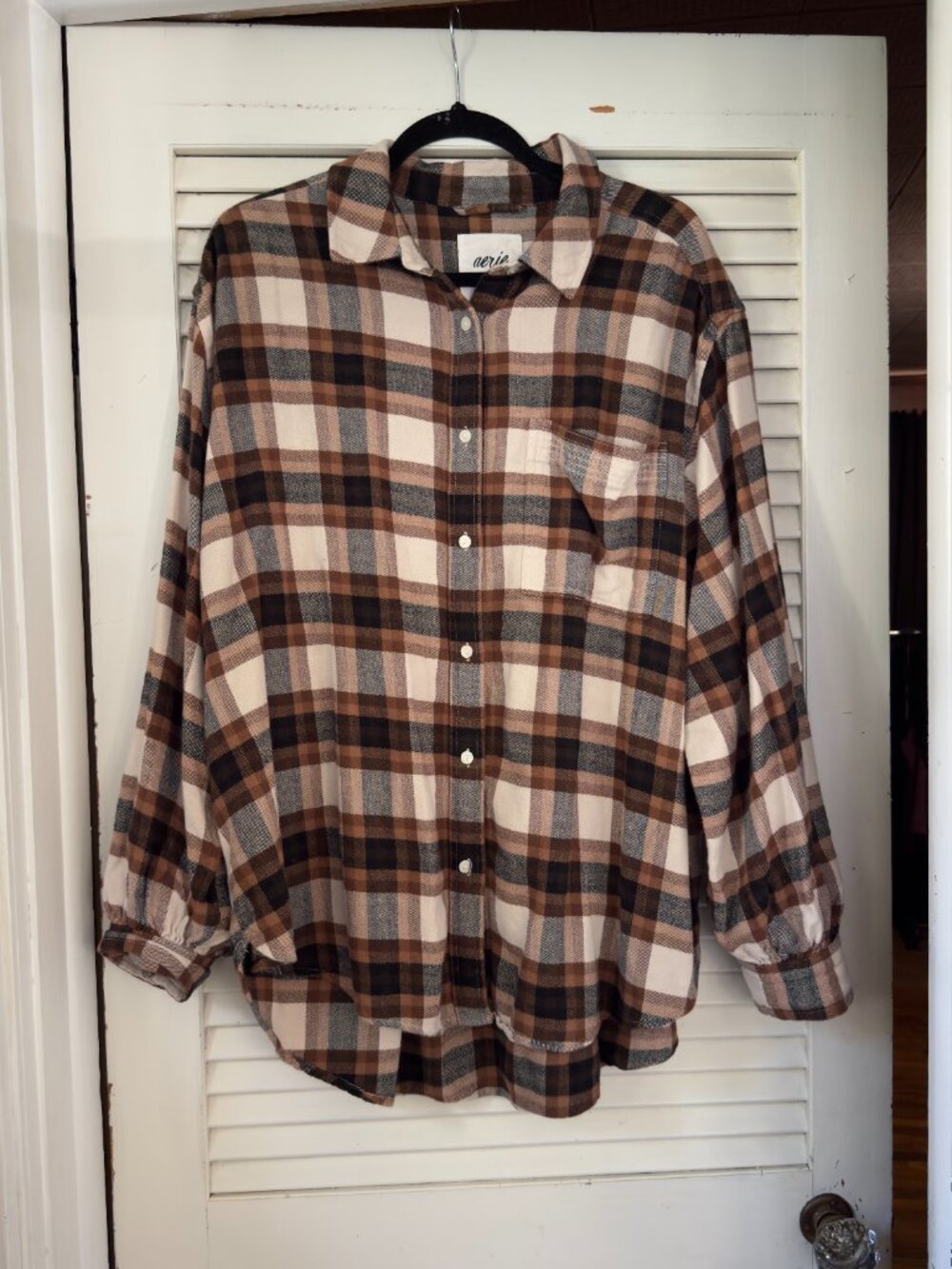 Aerie Anytime Fave Flannel Button Down Shirt Brown Plaid Sandbar Size XL